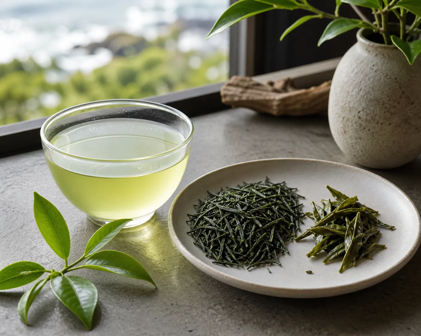 Clear steamed green tea with dry leaves beside the cup for comparing fresh grassy and vegetal notes