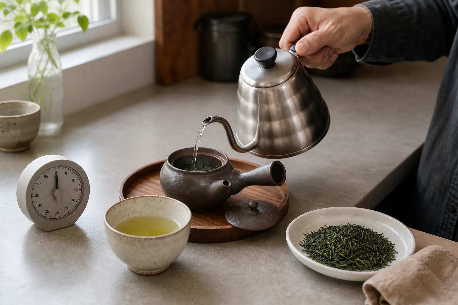 Steamed green tea being checked with a kettle and timer to adjust water temperature and steep time