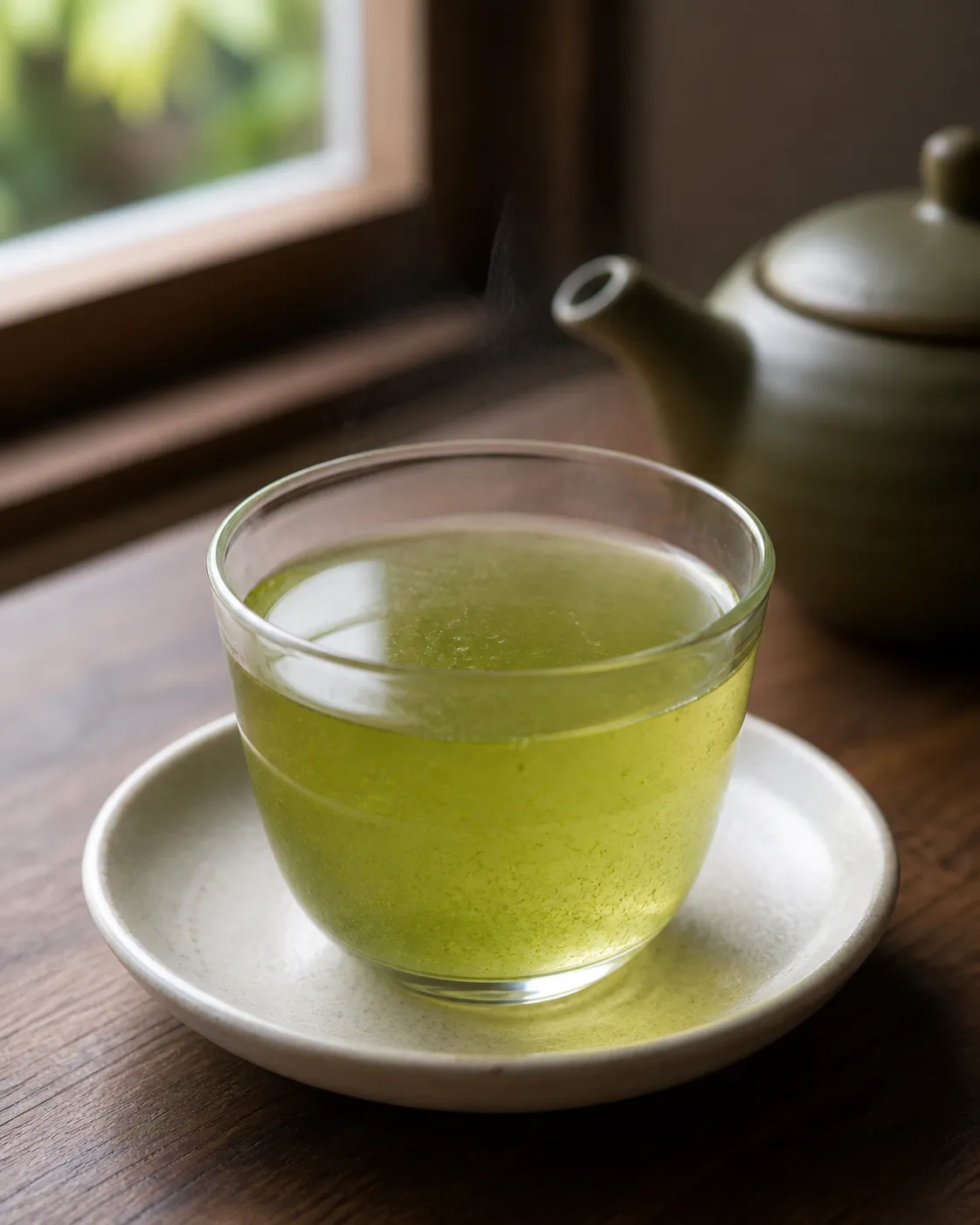 Cloudy steamed green tea with suspended fine leaf particles in a clear cup