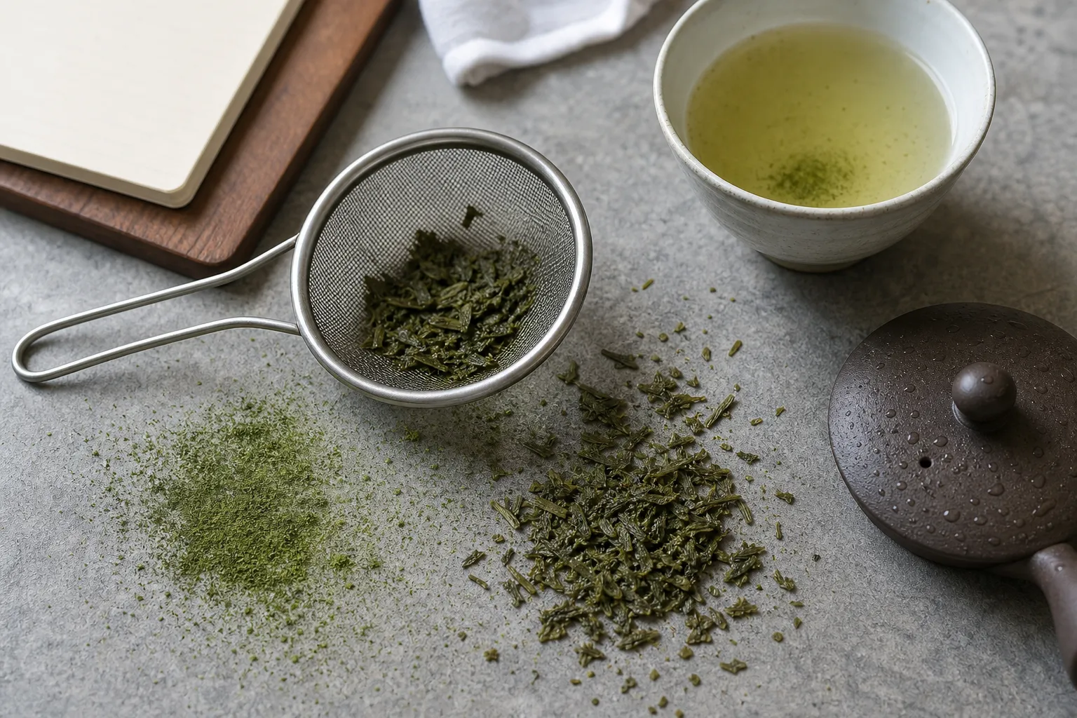 Fine green tea leaf fragments near a strainer and brewed cup used to check cloudiness