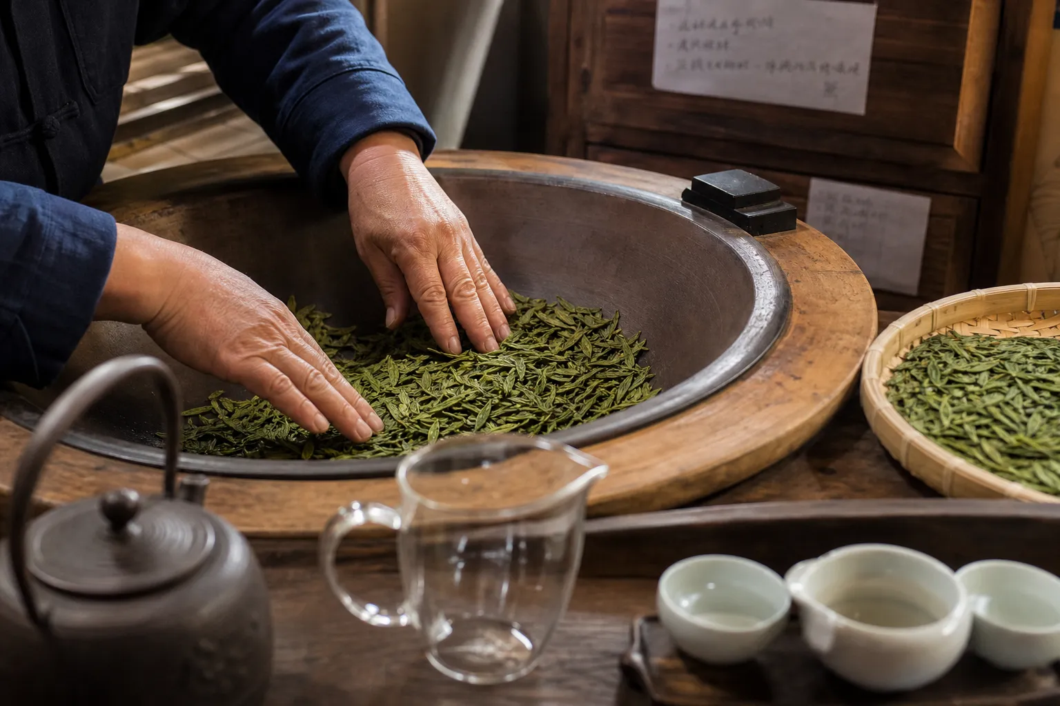 Hands working flat Longjing leaves near a tea setting that connects processing skill with hospitality
